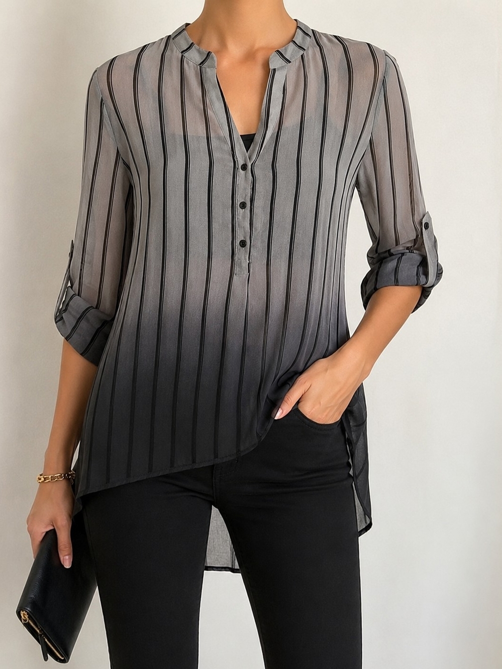 New York & Company Sheer Striped Ombre Tunic Blouse Gray Black Button Front M